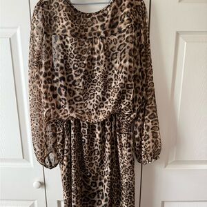 White House Black Market Sheer Leopard Print Long Sleeve Dress - Brow & Black